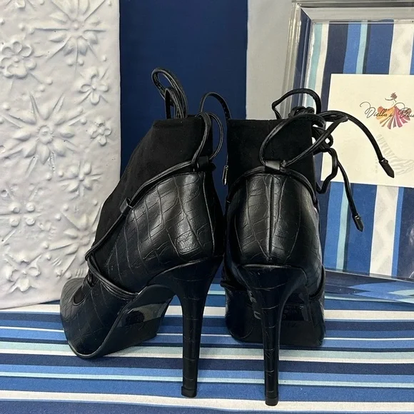 New black open croc animal print lace up high heel pointed pump boots - Picture 4 of 16